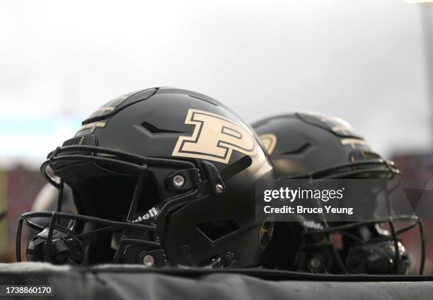 View of a Purdue football helmet during the Ohio State Buckeyes versus the Purdue Boilermakers football game at Ross-Ade Stadium on October 14, 2023...