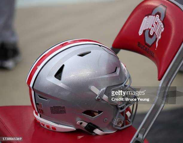 View of a Ohio State football helmet during the Ohio State Buckeyes versus the Purdue Boilermakers football game at Ross-Ade Stadium on October 14,...