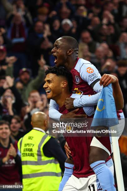 Ollie Watkins of Aston Villa celebrates scoring their 3rd goal with Moussa Diaby during the Premier League match between Aston Villa and West Ham...