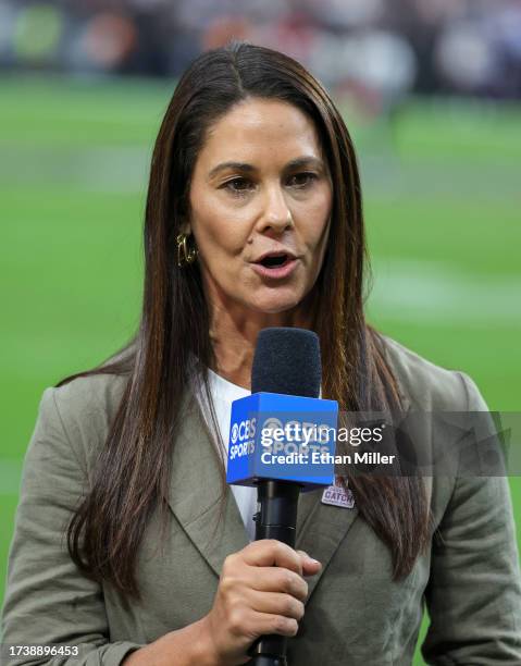 On CBS sideline reporter Tracy Wolfson speaks in the third quarter of a game between the New England Patriots and the Las Vegas Raiders at Allegiant...