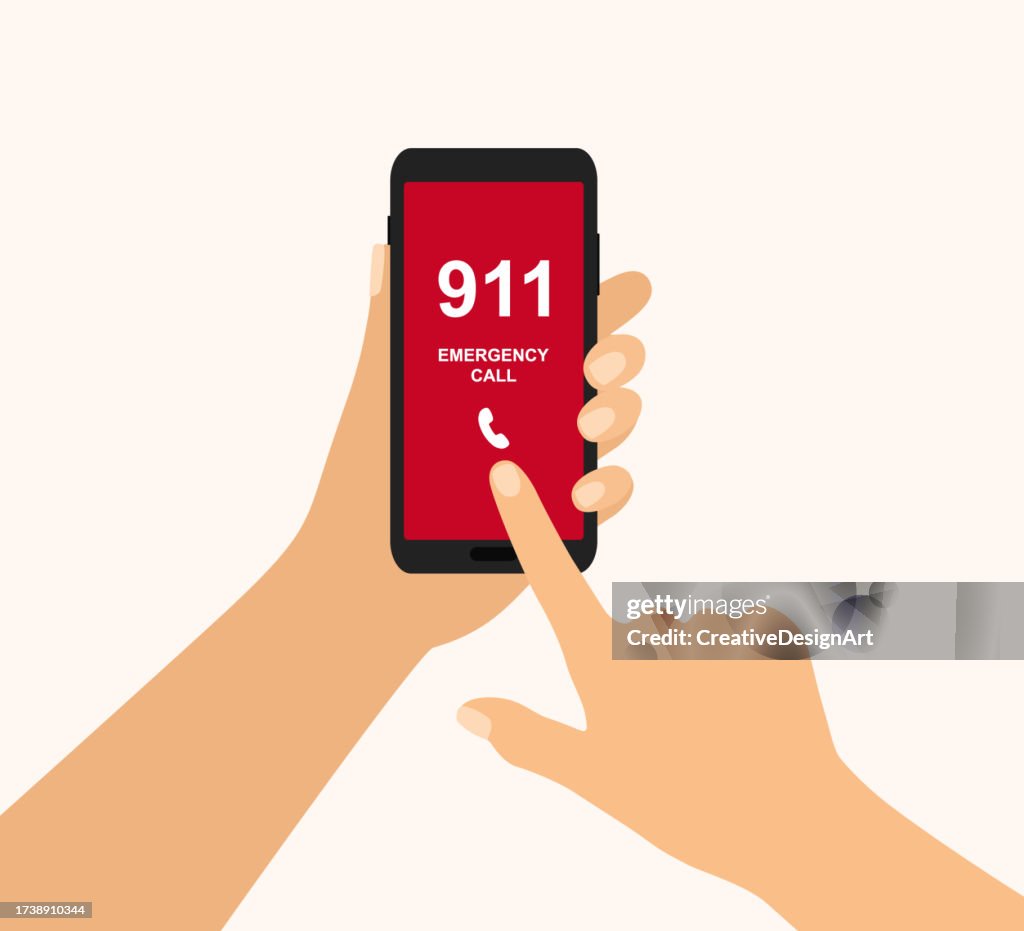 Smartphone With Emergency Call On Screen. Human Hand Holding Smartphone And Dialing Emergency Number 911