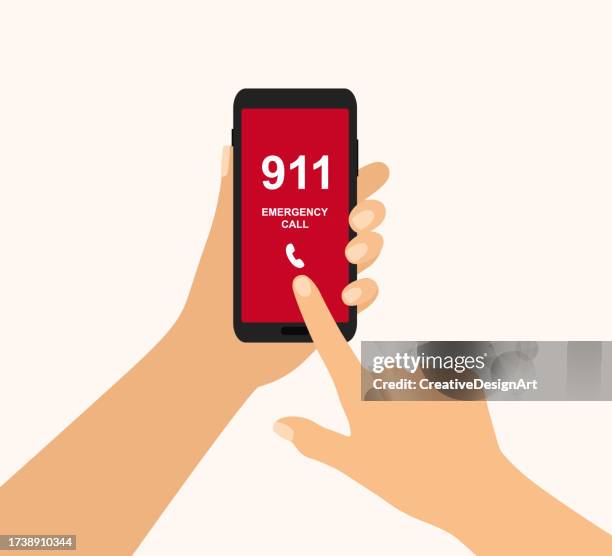 smartphone with emergency call on screen. human hand holding smartphone and dialing emergency number 911 - finger dialing touch tone telephone stock illustrations