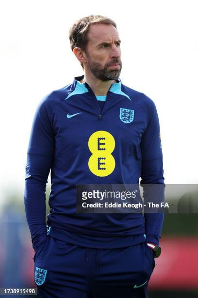 Gareth Southgate, Manager of England, looks on during the England Men's October Camp Training Session at Spurs Lodge on October 16, 2023 in London,...