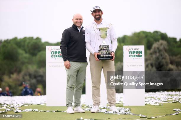 Manager Rob Jarvis and Matthieu Pavon of France with the trophy after winning on Day Four of the acciona Open de Espana presented by Madrid at Club...