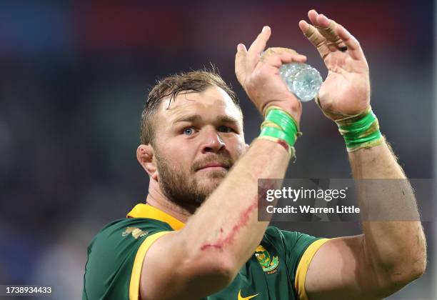 Duane Vermeulen of South Africa acknowledges the crowd after the Rugby World Cup France 2023 Quarter Final match between France and South Africa at...