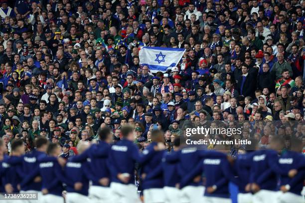 An Israeli flag is pictured during a minutes silence ahead of the Rugby World Cup France 2023 Quarter Final match between France and South Africa at...