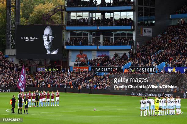 Both teams honour a moment's silence for the recently deceased Sir Bobby Charlton at Villa Park ahead of the Premier League match between Aston Villa...