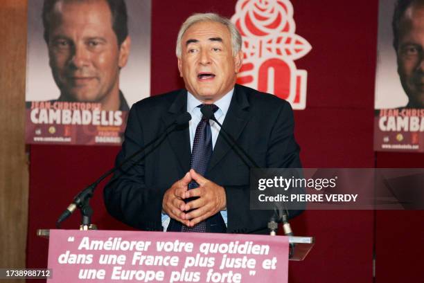 French former socialist minister Dominique Strauss-Kahn delivers a speech during a banquet to launch socialist deputy Jean-Christophe Cambadelis'...