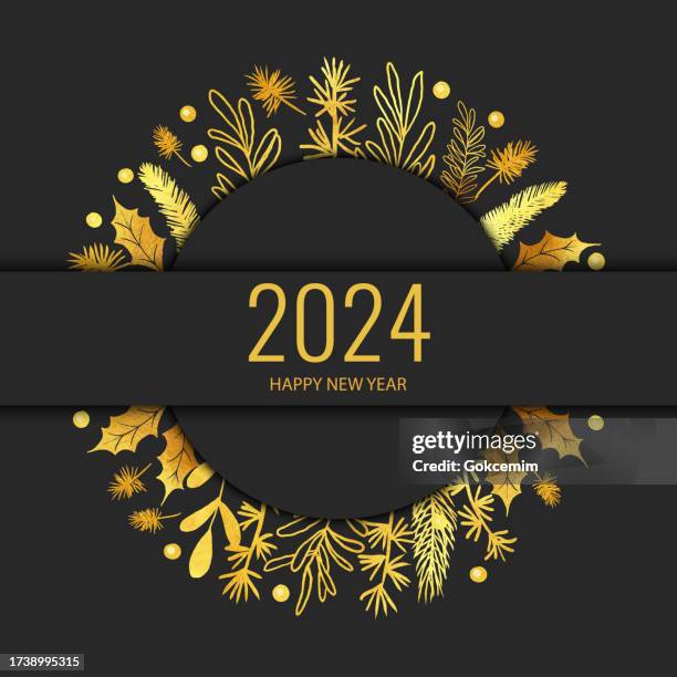 2024 new year card with gold leaves, berries and branches. gold design template with winter plants, fir, spruce, pine branches. - spruce stock illustrations