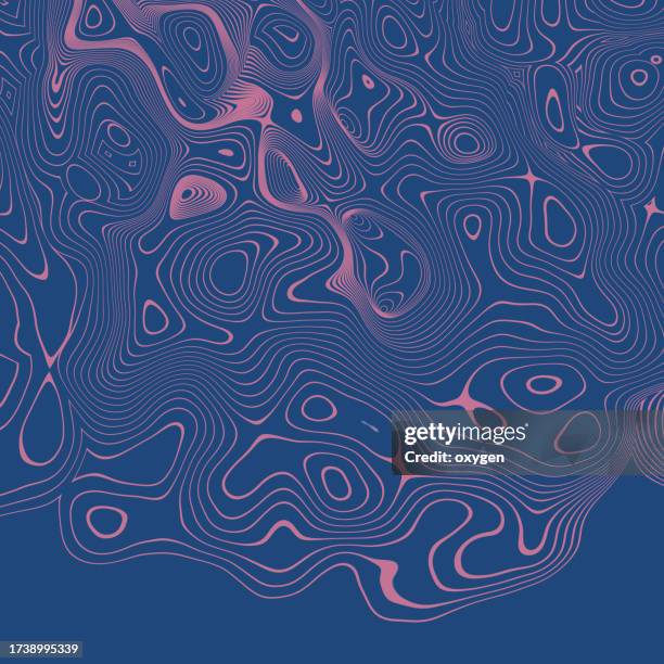 abstract geometric distirted topography waves background. pink swirl lines shapes on blue. minimalism still life style - topography stock pictures, royalty-free photos & images