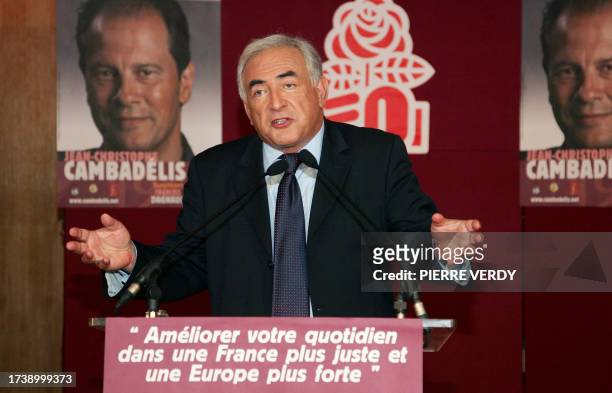 French former socialist minister Dominique Strauss-Kahn delivers a speech during a banquet to launch socialist deputy Jean-Christophe Cambadelis'...