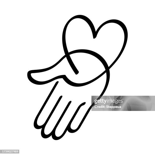 continuous one line drawing.heart on hand - handshake logo stock illustrations
