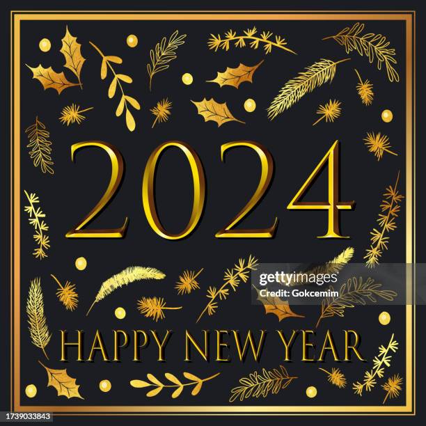 2024 new year card with gold leaves, berries and branches. gold design template with winter plants, fir, spruce, pine branches. - spruce stock illustrations