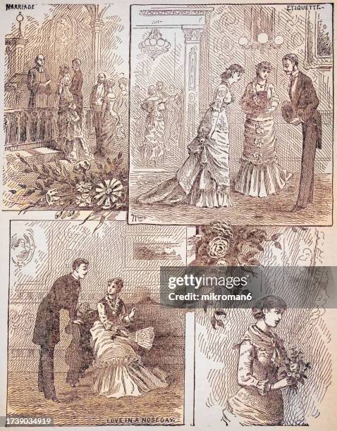 old engraved illustration of etiquette of meetings of young people in love - social grace stock pictures, royalty-free photos & images