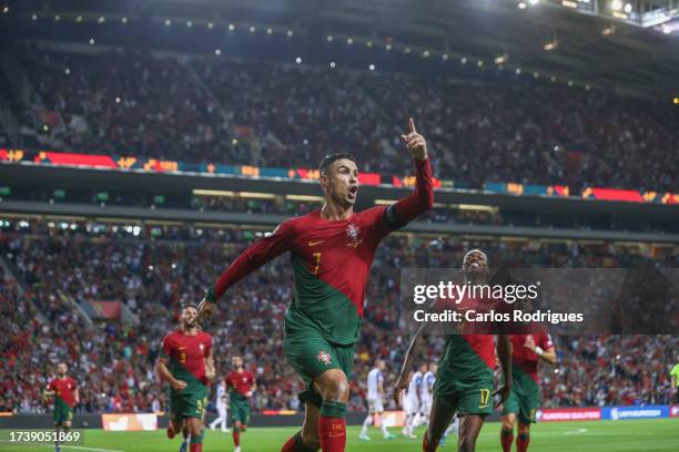 Cristiano Ronaldo of Portugal celebrates scoring Portugal second goal during the UEFA EURO 2024 European qualifier match between Portugal and...