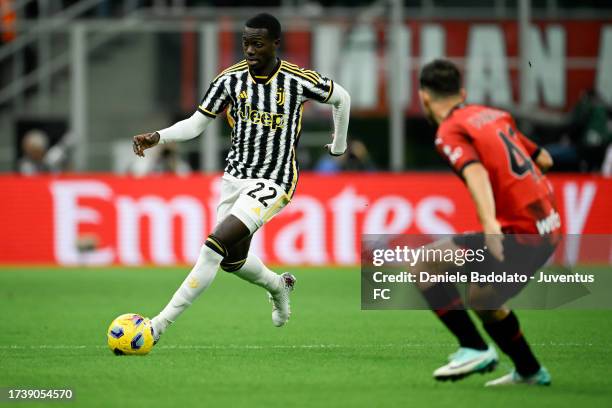 Timothy Weah of Juventus during the Serie A TIM match between AC Milan and Juventus at Stadio Giuseppe Meazza on October 22, 2023 in Milan, Italy.