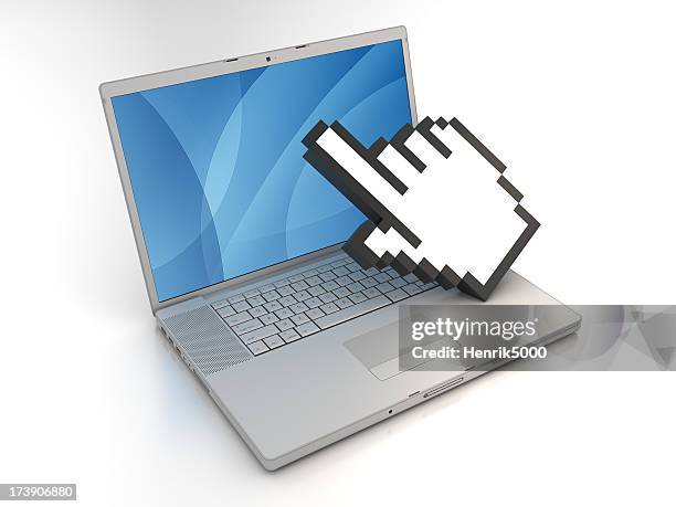 computer laptop with pointer hand - clipping path - www photo com stock pictures, royalty-free photos & images