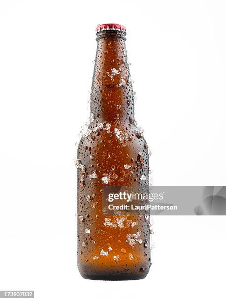 bottle of beer covered in ice - bierfles stockfoto's en -beelden