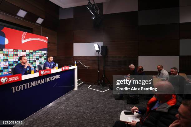 Gareth Southgate and Kyle Walker of England speak to the media during the England Men Press Conference at Tottenham Hotspur Training Centre on...