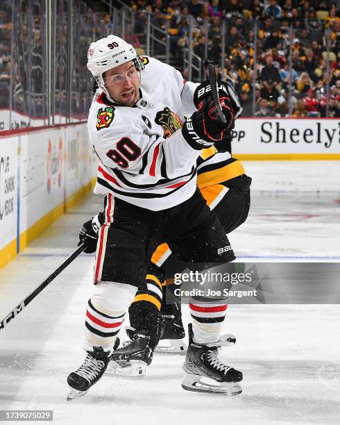 Tyler Johnson of the Chicago Blackhawks skates against the Pittsburgh Penguins at PPG PAINTS Arena on October 10, 2023 in Pittsburgh, Pennsylvania.