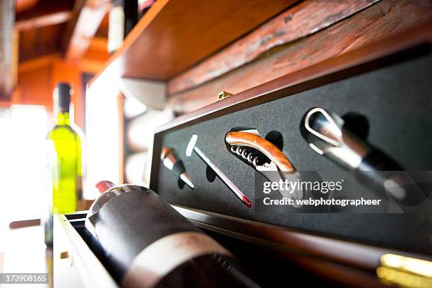bottle of wine in box with accessories - corkscrew stock pictures, royalty-free photos & images