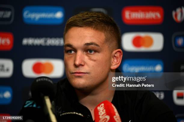 Ethan de Groot of the All Blacks speaks to the media during a press conference at The Paxton Hotel on October 16, 2023 in Paris, France.