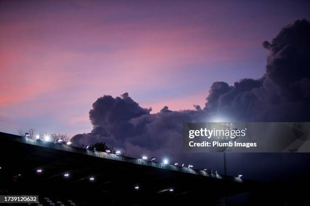 Stadium flood lights ahead of the Jupiler Pro League match between OH Leuven and STVV at the King Power at Den Dreef Stadion on October 22, 2023 in...