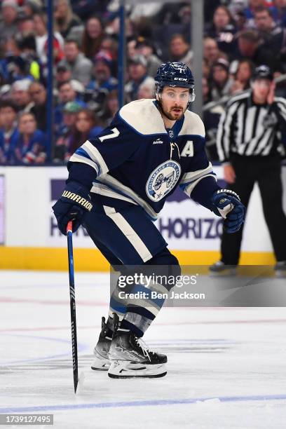 Sean Kuraly of the Columbus Blue Jackets skates during the third period of a game against the New York Rangers at Nationwide Arena on October 14,...