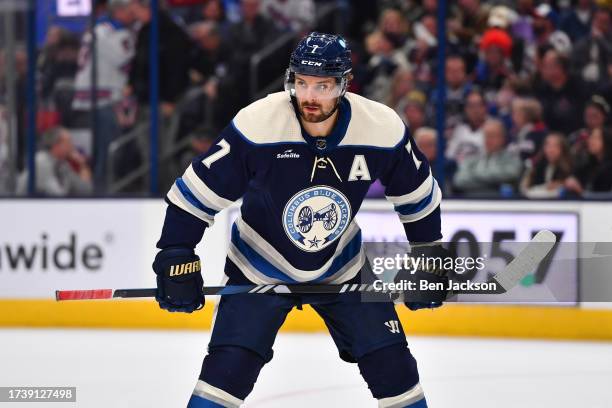 Sean Kuraly of the Columbus Blue Jackets lines up prior to a face-off during the second period of a game against the New York Rangers at Nationwide...