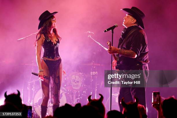 Jesse Jo Stark performs with Steve Jones of The Sex Pistols during the closing show of the "Doomed" tour at El Rey Theatre on October 15, 2023 in Los...