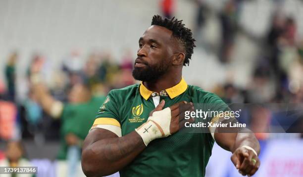 Captain, Siya Kolisi of Team South Africa celebrates the victory after the Rugby World Cup France 2023 Quarter Final match between France and South...