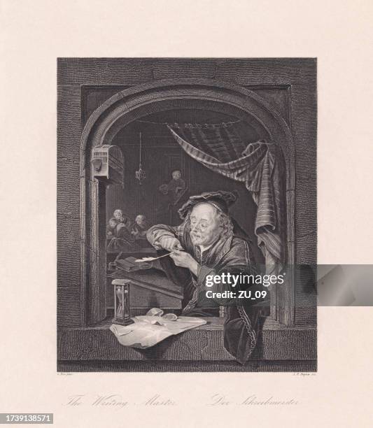 illustrations, cliparts, dessins animés et icônes de le vieux maître d’école, peint par gerrit dou, gravure sur acier, 1863 - matériel pour écrire