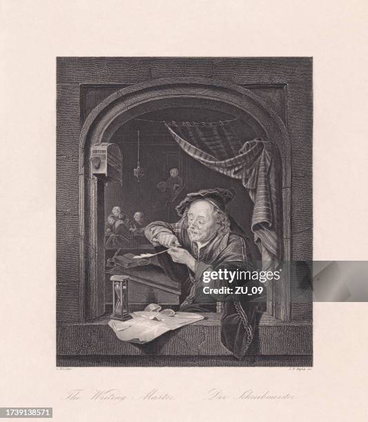 the old schoolmaster, painted by gerrit dou, steel engraving, 1863 - writing instrument stock illustrations