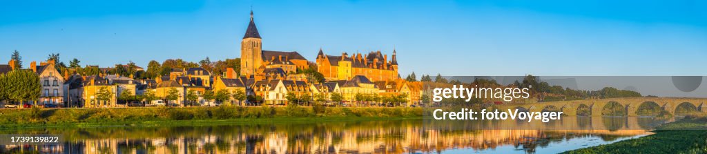 France golden sunset light on River Loire Valley Gien panorama