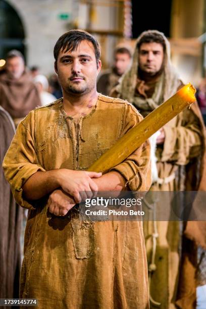 a man dressed as a franciscan friar during a medieval reenactment in a town in umbria - gualdo tadino stock pictures, royalty-free photos & images