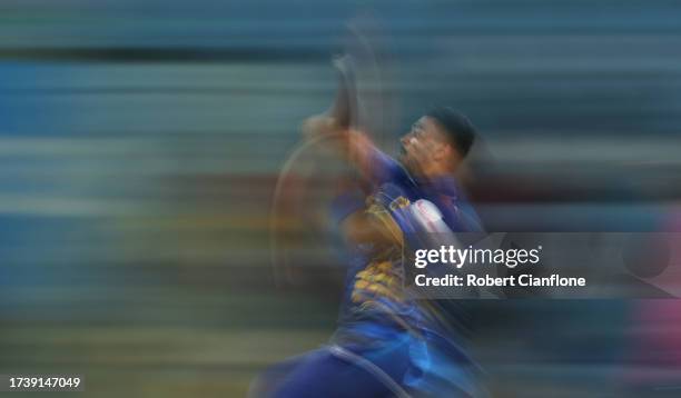 Dilshan Madushanka of Sri Lanka in bowling action during the ICC Men's Cricket World Cup India 2023 between Australia and Sri Lanka at BRSABVE...