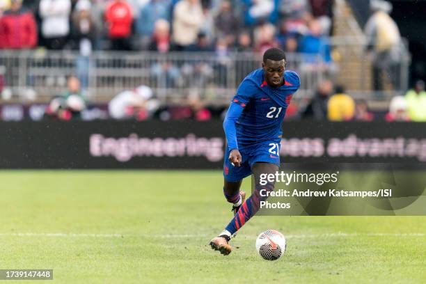 Timothy Weah of United States Mens National Team brings the ball forward during an international friendly game between Germany and United States at...