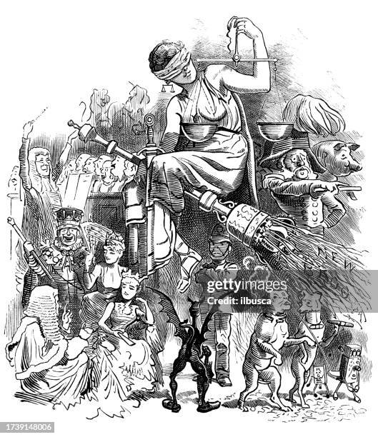 britische satire karikatur comic cartoon illustration - justitia-waage stock-grafiken, -clipart, -cartoons und -symbole