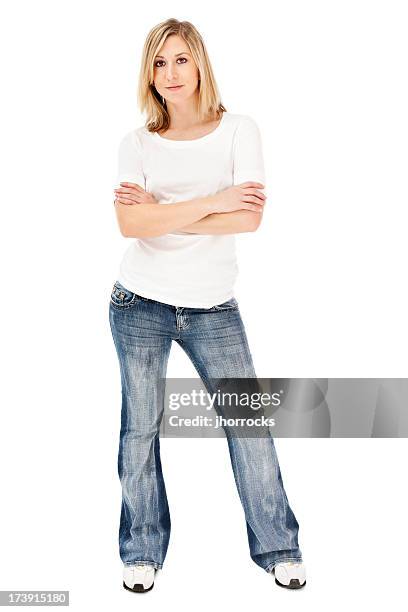 ブロンドの女性をホワイトの t シャツとジーンズ - woman wearing white jeans ストックフォトと画像