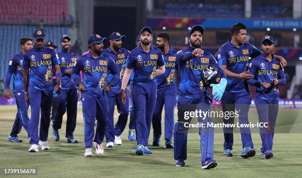 Kusal Mendis of Sri Lanka leads their side off following the ICC Men's Cricket World Cup India 2023 between Australia and Sri Lanka at BRSABVE...