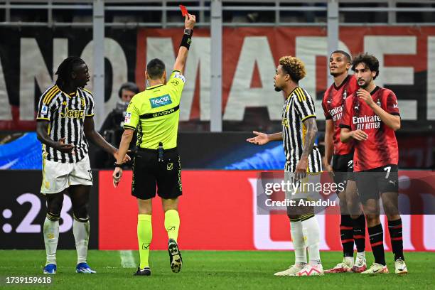 Malick Thiaw of AC Milan gets a red card during the Italian Serie A football match AC Milan vs Juventus at San Siro Stadium in Milan, Italy on...