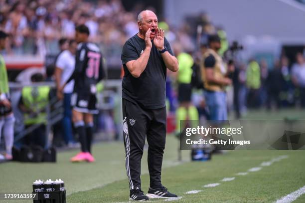 Head coach of Atletico MG , Luiz Felipe Scolari reacts during a match between Atletico MG and Cruzeiro as part of Brasileirao 2023 at Arena MRV on...