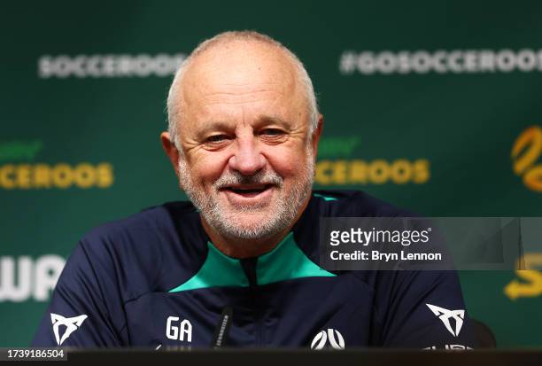Graham Arnold, Head Coach of Australia, speaks to the media during the Australia Subway Socceroos media access at Hilton London Syon Park on October...