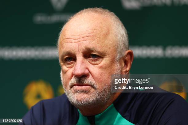 Graham Arnold, Head Coach of Australia, speaks to the media during the Australia Subway Socceroos media access at Hilton London Syon Park on October...