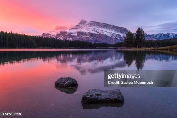 two jack lake at sunrise, banff national park, alberta, canada - alberta stock pictures, royalty-free photos & images