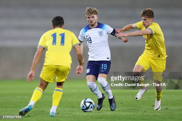 Harvey Elliott of England is challenged by Oleh Ocheretko of Ukraine during the Ukraine U-21 v England U-21 UEFA Under-21 EURO 2025 Qualifier match...