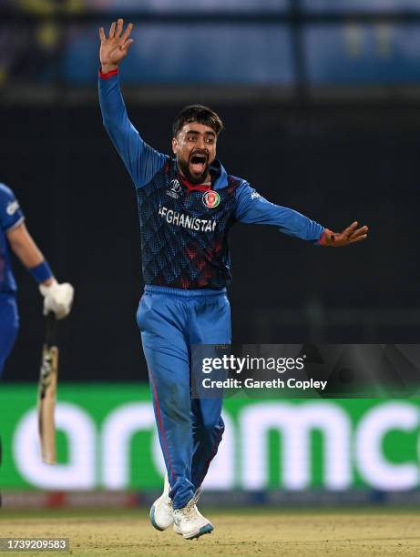 Rashid Khan of Afghanistan during the ICC Men's Cricket World Cup India 2023 between England and Afghanistan at Arun Jaitley Stadium on October 15,...