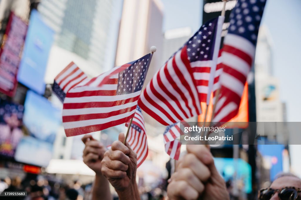 Crowd of people at Holiday Parade in Times Square, New York