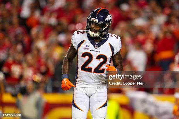 Kareem Jackson of the Denver Broncos runs across the field during an NFL football game against the Kansas City Chiefs at GEHA Field at Arrowhead...