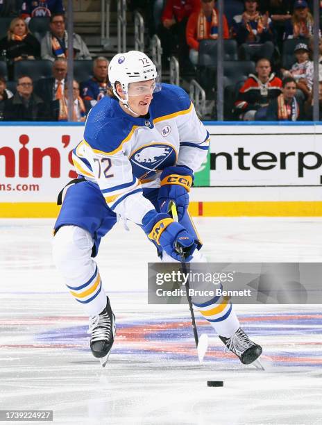 Tage Thompson of the Buffalo Sabres skates against the New York Islanders at UBS Arena on October 14, 2023 in Elmont, New York.